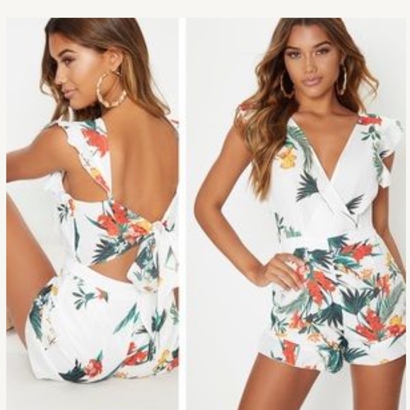 PrettyLittleThing Pants - White Tropical Tie Back Romper